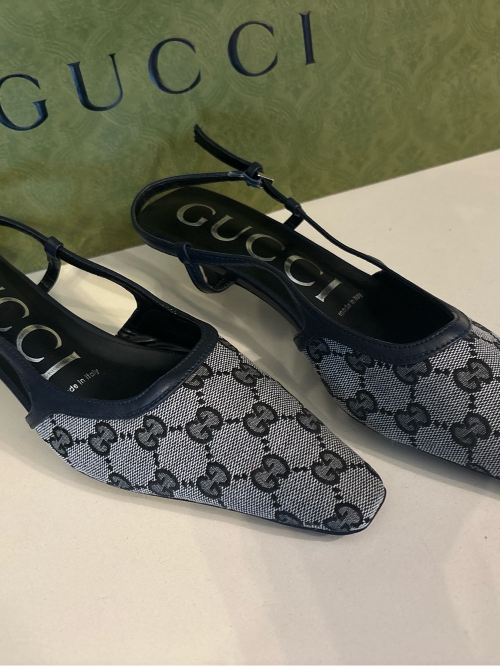Gucci Navy and Gray GG Canvas Slingback Pumps